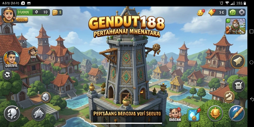 Tampilan gameplay intens dari GENDUT188 dengan menara dan serangan musuh.