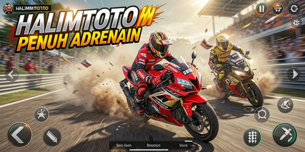 Tampilan gameplay HALIMTOTO yang mendebarkan dengan motor balap.