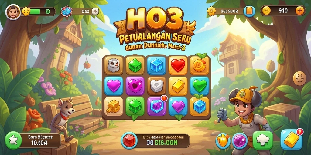 Screenshot menampilkan gameplay seru HO3 dengan tantangan Match-3 yang menarik.